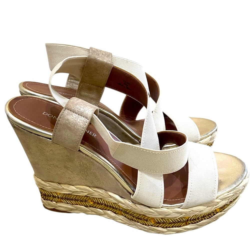 Donald pliner Tilisp platform wedge elastic straps metallic leather sandals 9.5
